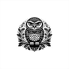 Obraz premium Stylized black and white owl perched on a branch with floral accents