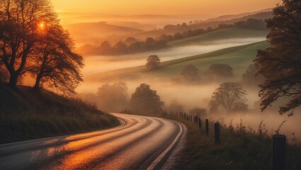 Obraz premium Sunrise over a foggy landscape with a winding road through rolling hills and trees.