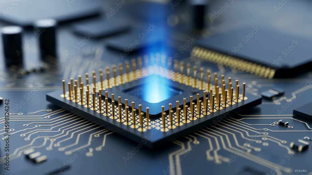 Poster close up view of a cpu emitting bright blue light, mounted on a complex motherboard with golden conn