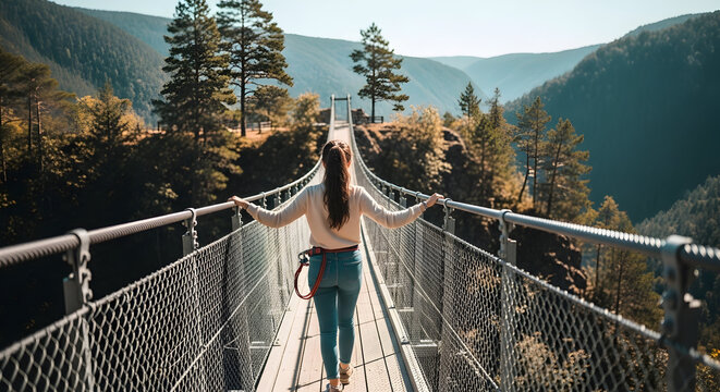Adventurous Woman Walking On A Suspension Bridge Amidst Majestic Mountain Scenery
