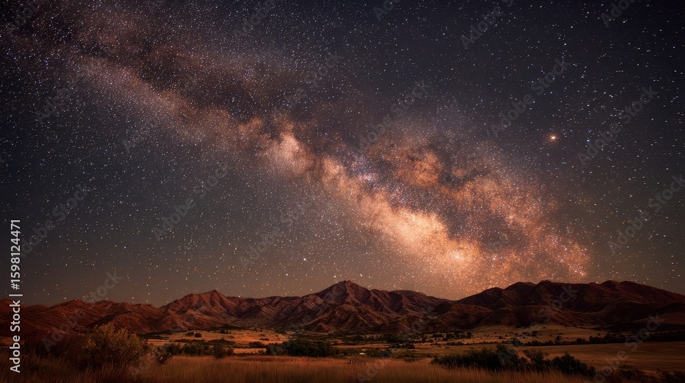 Poster captivating celestial display of the milky way illuminating a tranquil desert scene ideal for astron