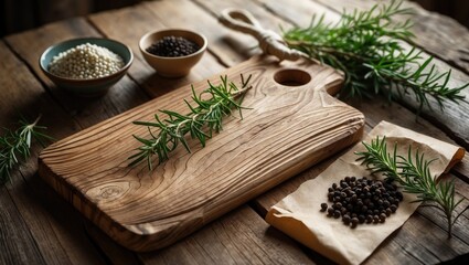 A wooden cutting board with sprigs of rosemary, surrounded by bowls of peppercorns and spices, on a rustic wooden surface.