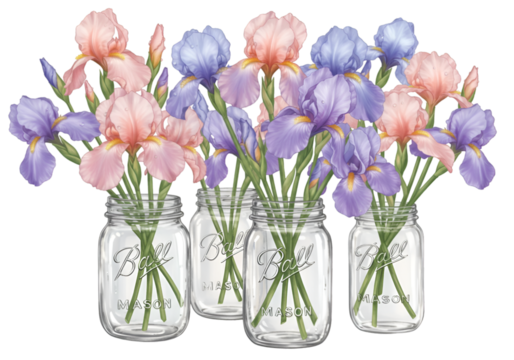 Illustration of a Colorful Iris Flowers in Mason Jars
