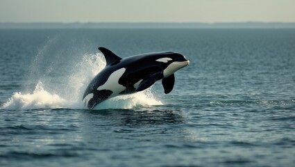 Fototapeta premium A orca jumping out of the water in the ocean. Marine animal and aquatic life, wildlife conservation. Oceanic and marine environment. The concept of marine animals and marine ecology.