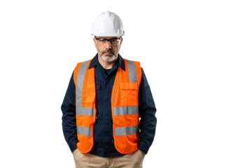 Photo of Construction Worker Wearing Protective Gear against a Black Background