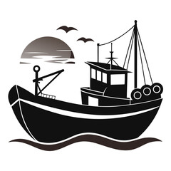 Black Boat Vector on Ocean
