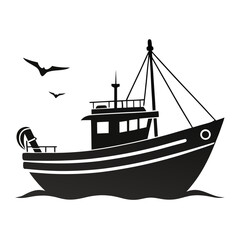 Black Boat Vector on Ocean