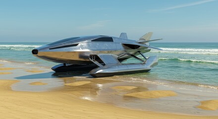 Futuristic, chrome hydrofoil craft resting on a sandy beach near the ocean.