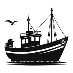 Black Boat Vector on Ocean