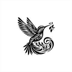 Fototapeta premium Elegant black hummingbird with floral element and swirls