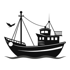 Black Boat Vector on Ocean