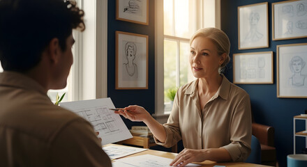 Architect Explaining Blueprint To Client In Bright Creative Office Space