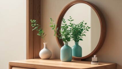 Fototapeta premium Three vases with green plants reflected in a round mirror on a wooden table. Indoor decor, natural and calming aesthetic.