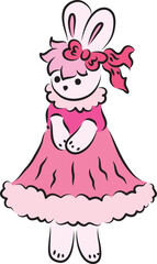 A cute bunny in a pink ball gown with a pink bow on her head stands shyly, drawing in pink shades, hand drawn with a brush black curved contours
