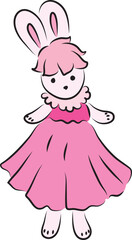 Cute bunny in pink ball gown standing and looking at camera, drawing in pink shades, hand drawn with a brush black curved contours