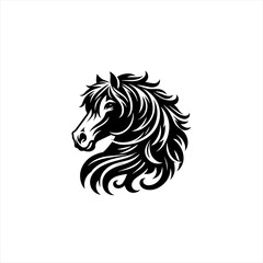 Stylized black horse head with flowing mane and tail