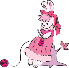 A cute bunny in a pink ball gown with a pink bow on her head sits on a stump and knits, drawing in pink shades, hand drawn with a brush black curved contours