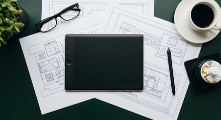 Architectural Vision Workspace With Digital Tablet And Coffee Break Inspiration