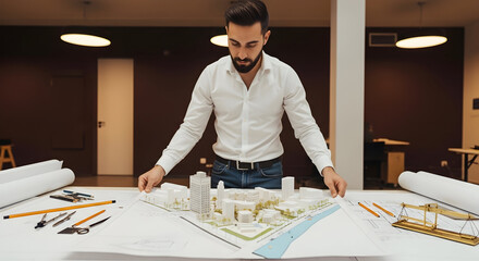 Architectural Visionary Inspecting Urban Model With Blueprints And Drafting Tools