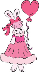 Fototapeta premium Cute bunny in a pink ball gown with a pink bow on her head stands and holds a ribbon with a balloon in her hand, drawing in pink shades, hand drawn with a brush black curved contours