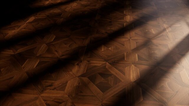 wood flooring with geometric parquet, shaded window and brach silhouette
