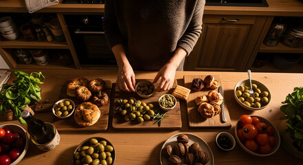 Arranging Mediterranean Delights: A Culinary Still Life in Warm Light