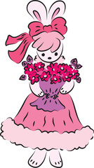 Cute bunny in a pink ball gown with a pink bow on her head stands and holds a bouquet of flowers in her hands and looks at the camera, drawing in pink shades, hand drawn with a brush 
