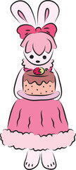 Cute bunny in a pink ball gown with a pink bow on her head stands looking at the camera and holding a birthday cake in her hands, drawing in pink shades, hand drawn with a brush black curved contours
