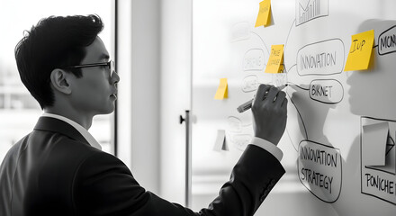 Asian Businessman Brainstorming Ideas on Whiteboard for Startup Innovation Strategy