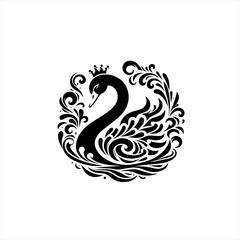 Fototapeta premium Elegant black swan with crown and ornate swirling feathers