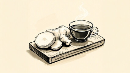 Tea - Steaming Ginger Root Tea with Fresh Root and orange, on Wooden Surface