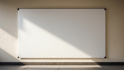 Blank whiteboard mounted on a wall with shadow and light effects.