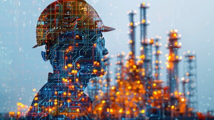 Engineer Silhouette with Circuit Board Overlay featuring Engineer, Silhouette, Circuit board, Technology Industry Digital Composite Overlay Industrial Factory Plant Energy