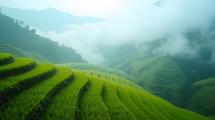 Fototapeta premium Breathtaking aerial view of lush green rice terraces on rolling hills, shrouded in morning mist. A beautiful agricultural landscape in Asia.