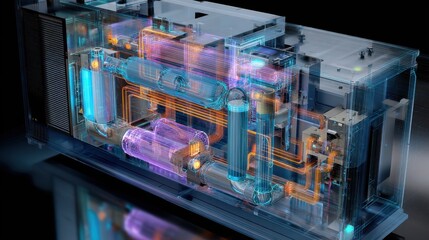 Complex network of filters and sensors maximizing co2 absorption is showcased within a transparent heat pump, revealing innovative carbon capture technology