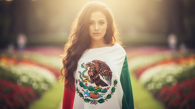 Proud young Mexican woman draped in the national flag. A thoughtful portrait in a beautiful garden during the golden hour.