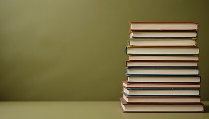 Stack of books is piled high against a muted green background, creating a learning atmosphere