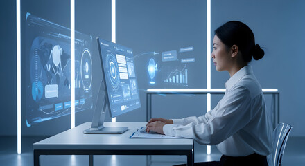 Asian Woman Interacting With Futuristic Interface Displaying Data Charts And Graphs