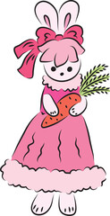 A cute bunny in a pink ball gown with a pink bow on her head stands looking at the camera and holding a carrot in her hands, drawing in pink shades, hand drawn with a brush black curved contours
