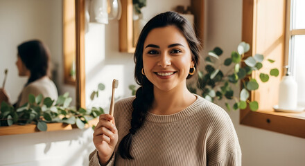 Attractive Young Woman Smiling Holding Bamboo Toothbrush In Eco Friendly Bathroom