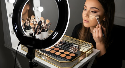 Beautiful Woman Applying Flawless Base Makeup With Professional Tools In Vanity Mirror