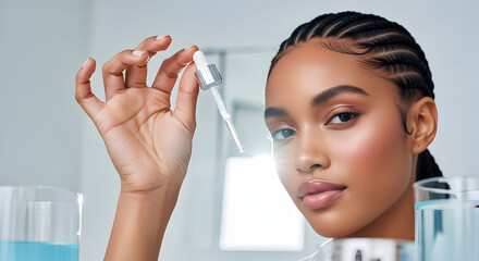 Beautiful Woman Holds Dropper of Serum for Radiant Skincare Routine