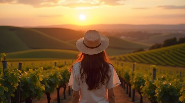 A woman in a hat enjoys a beautiful sunset over a rolling vineyard. A peaceful scene of travel, leisure, and wine country lifestyle.