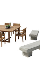 Wooden Table & Chairs with Stone Benches, An Isolated Background Photo