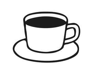 Coffee cup with handle and saucer filled with hot drink. Black outline illustration isolated on white background. Traditional tableware