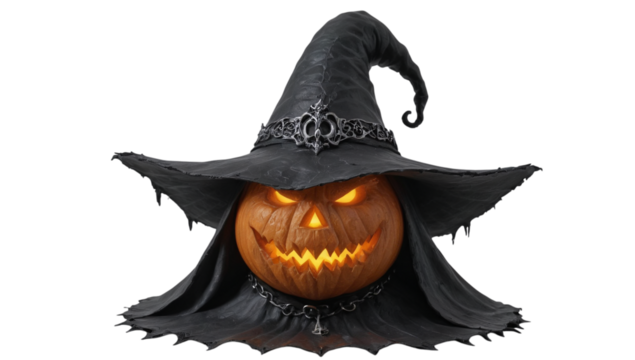 Jack-o'-Lantern Wearing Witch Hat – Isolated PNG - Powered by Adobe