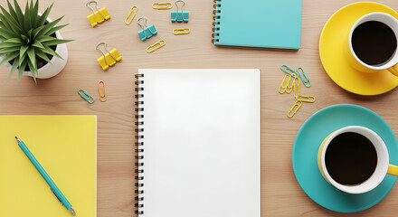 Bright Workspace With Coffee And Stationery Items On Wood Surface Top View