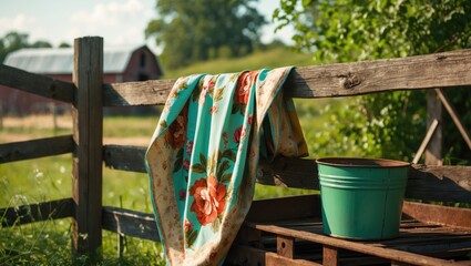 A towel with a floral pattern hanging on a wooden fence with a green bucket nearby in a rural outdoor setting.