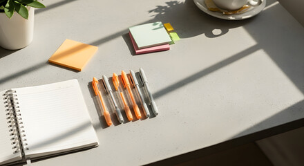 Bright Workspace Scene Featuring Notebook Pens And Sticky Notes In Natural Light