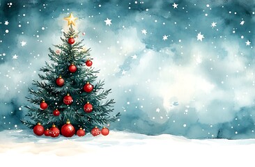 Obraz premium Decorated evergreen tree with red ornaments in snowy landscape christmas tree pine